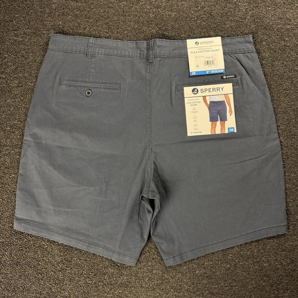 NWT Sperry Flex Cotton Shorts Mens 38 Blue Vintage Wash Chino Stretch Flat Front